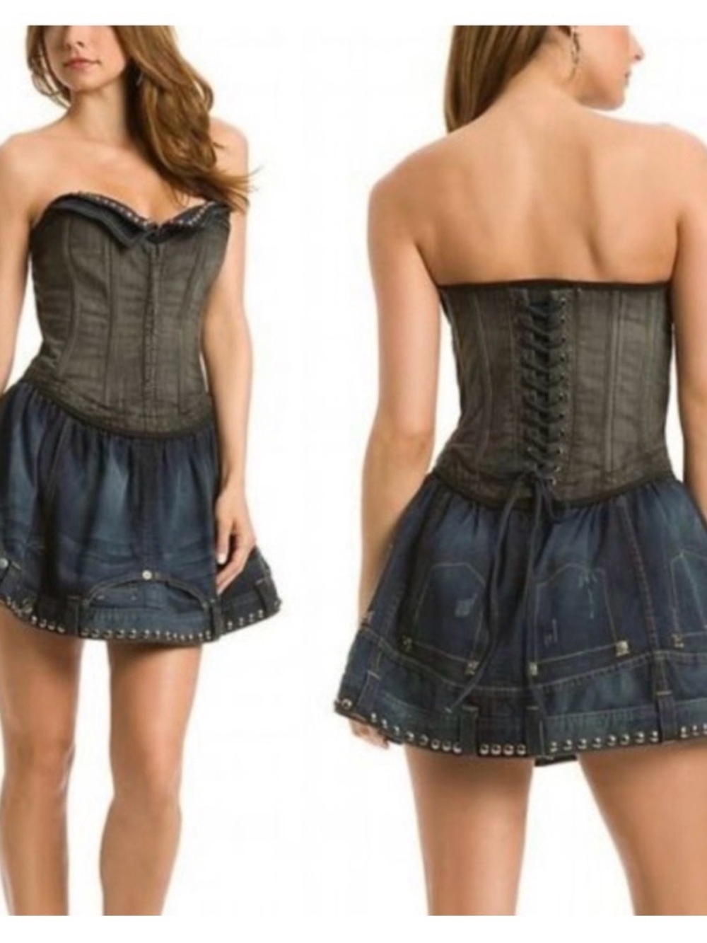 Guess Strapless Black Corset Top with Dark Blue Denim Skirt